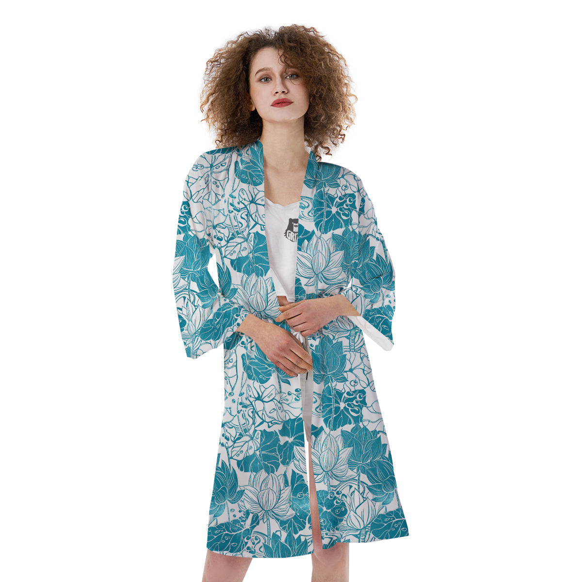 Lotus Blue And White Flower Print Pattern Kimono-grizzshop