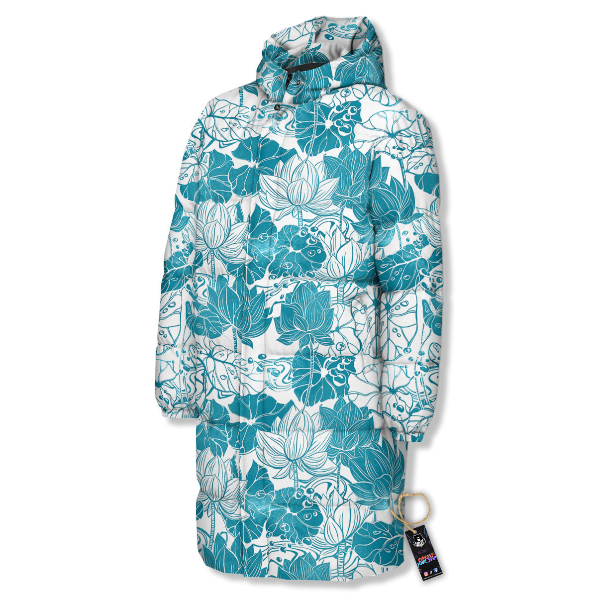 Lotus Blue And White Flower Print Pattern Long Down Jacket-grizzshop