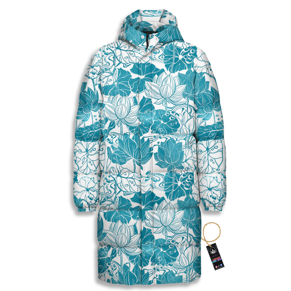 Lotus Blue And White Flower Print Pattern Long Down Jacket-grizzshop