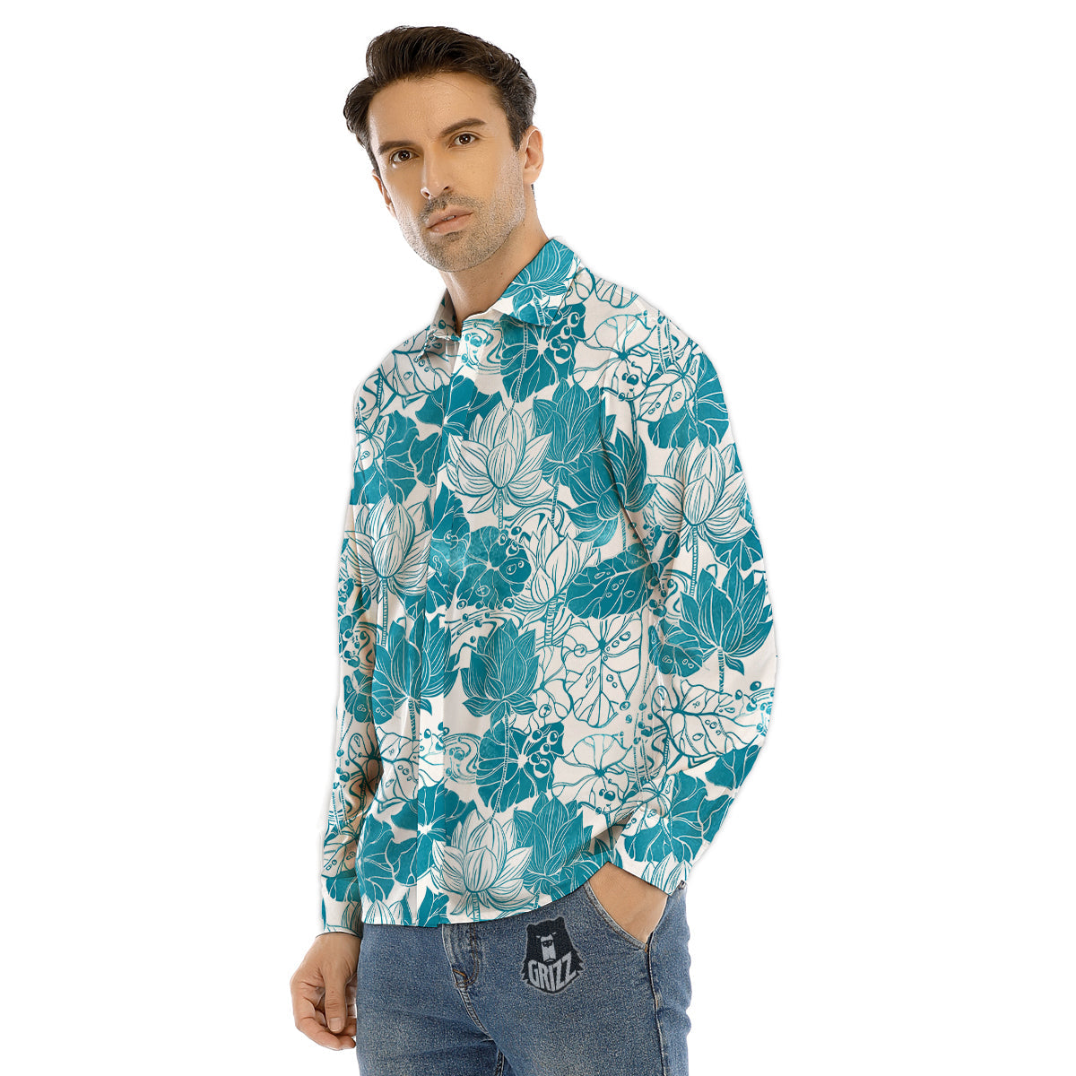 Lotus Blue And White Flower Print Pattern Men's Dress Shirts-grizzshop
