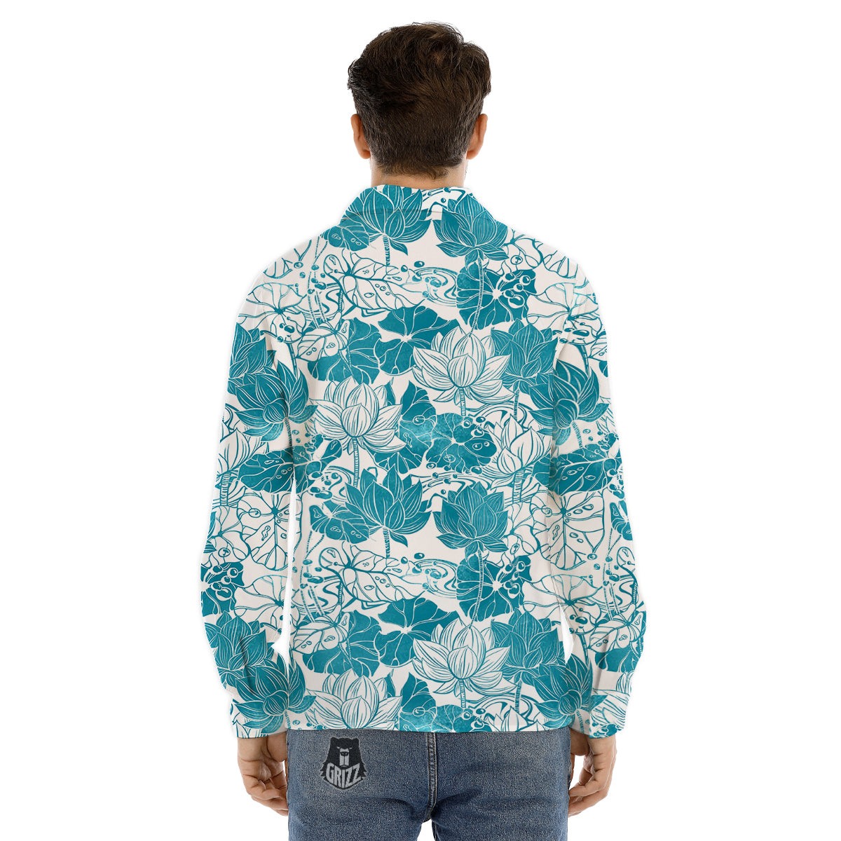 Lotus Blue And White Flower Print Pattern Men's Dress Shirts-grizzshop
