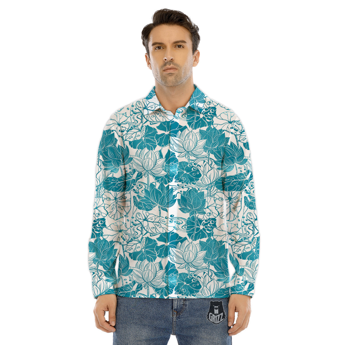 Lotus Blue And White Flower Print Pattern Men's Dress Shirts-grizzshop