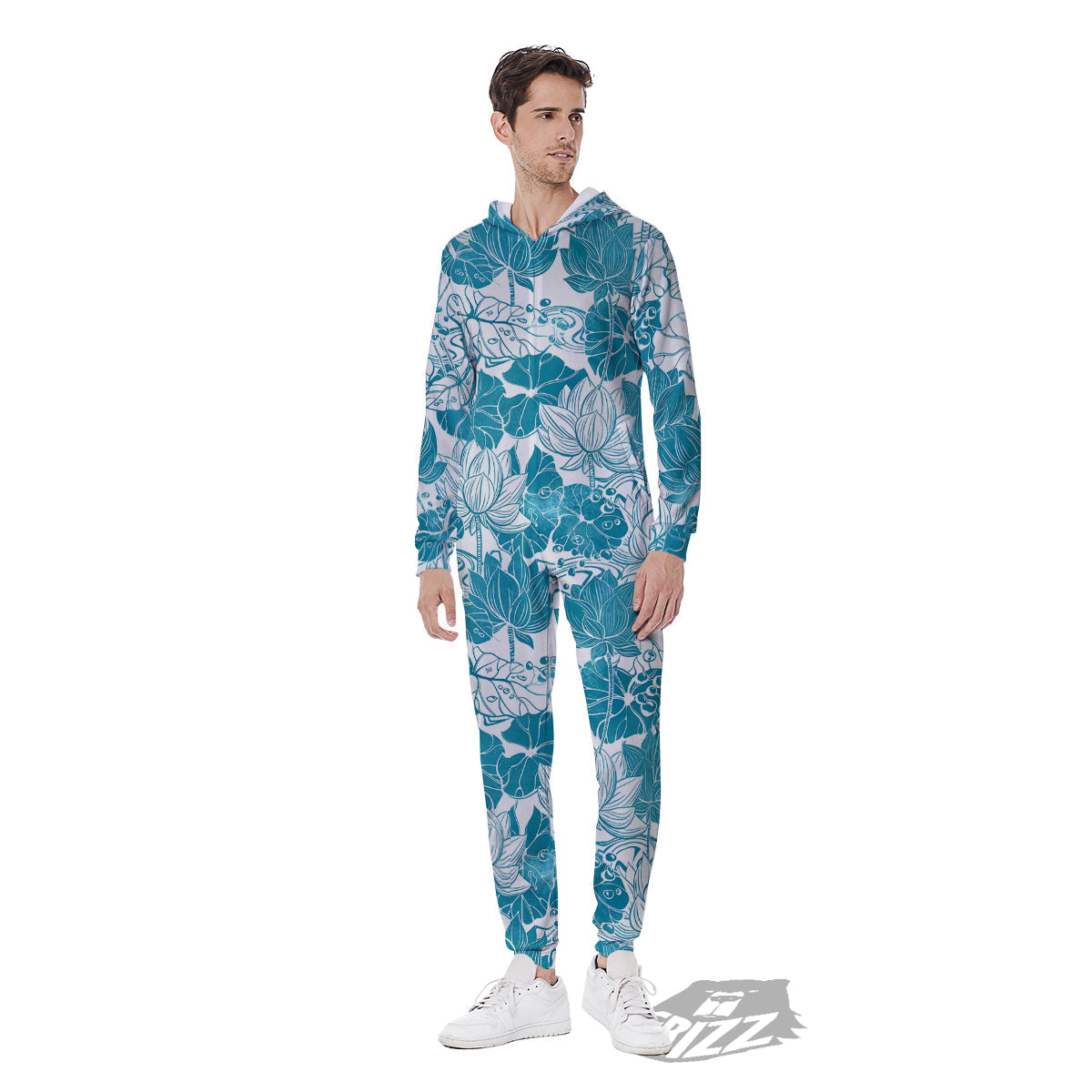 Lotus Blue And White Flower Print Pattern Men's Jumpsuit-grizzshop