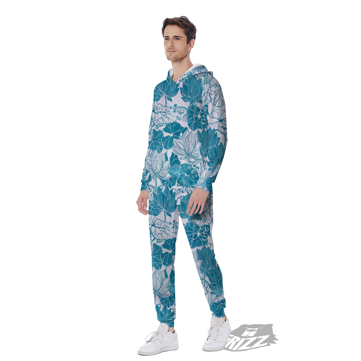Lotus Blue And White Flower Print Pattern Men's Jumpsuit-grizzshop