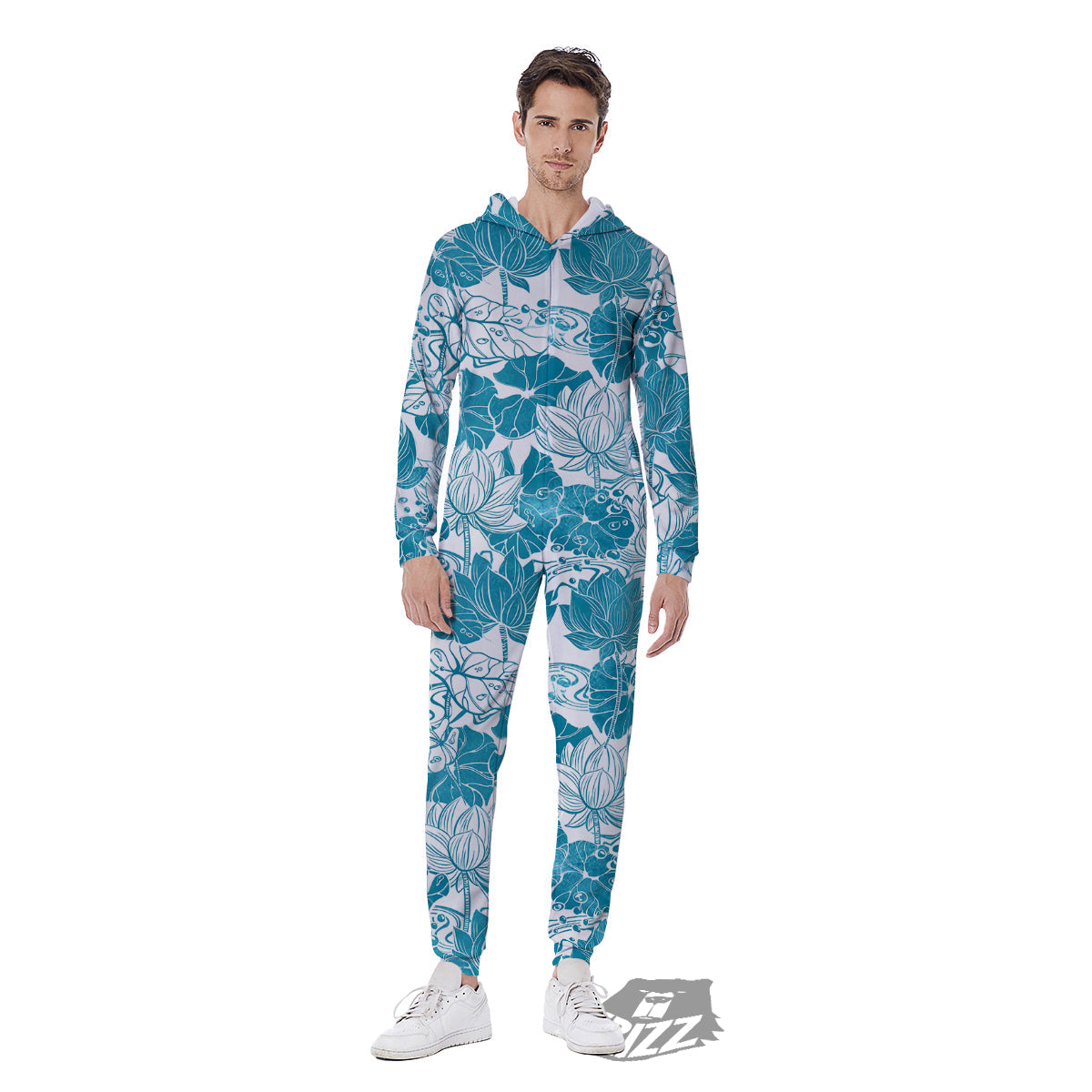 Lotus Blue And White Flower Print Pattern Men's Jumpsuit-grizzshop