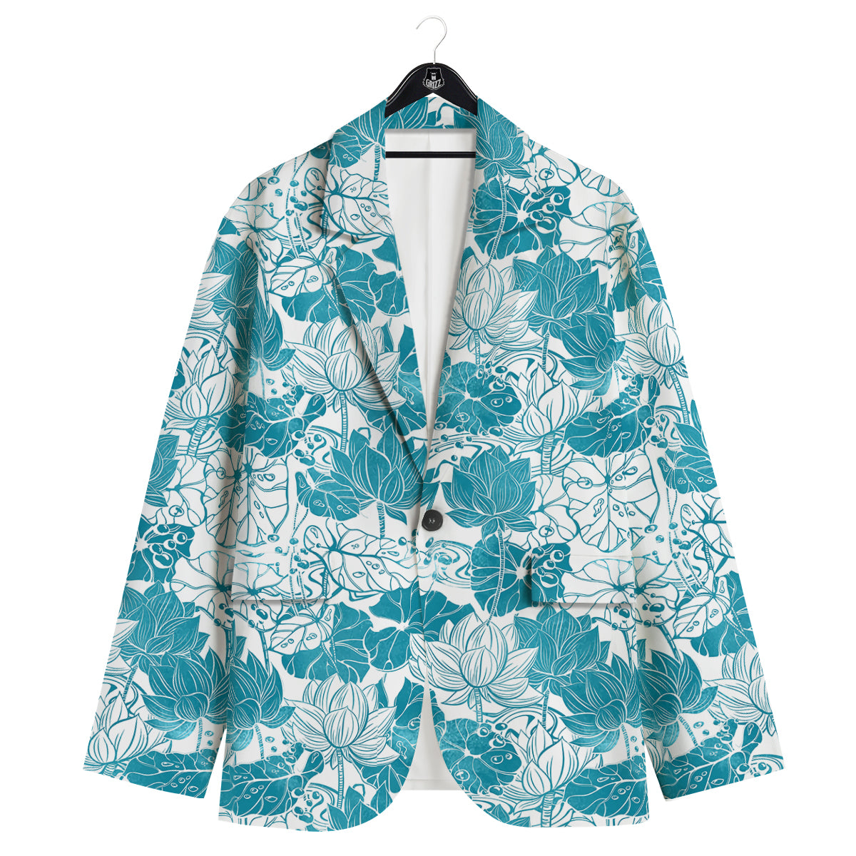 Lotus Blue And White Flower Print Pattern Men's Sport Coat-grizzshop