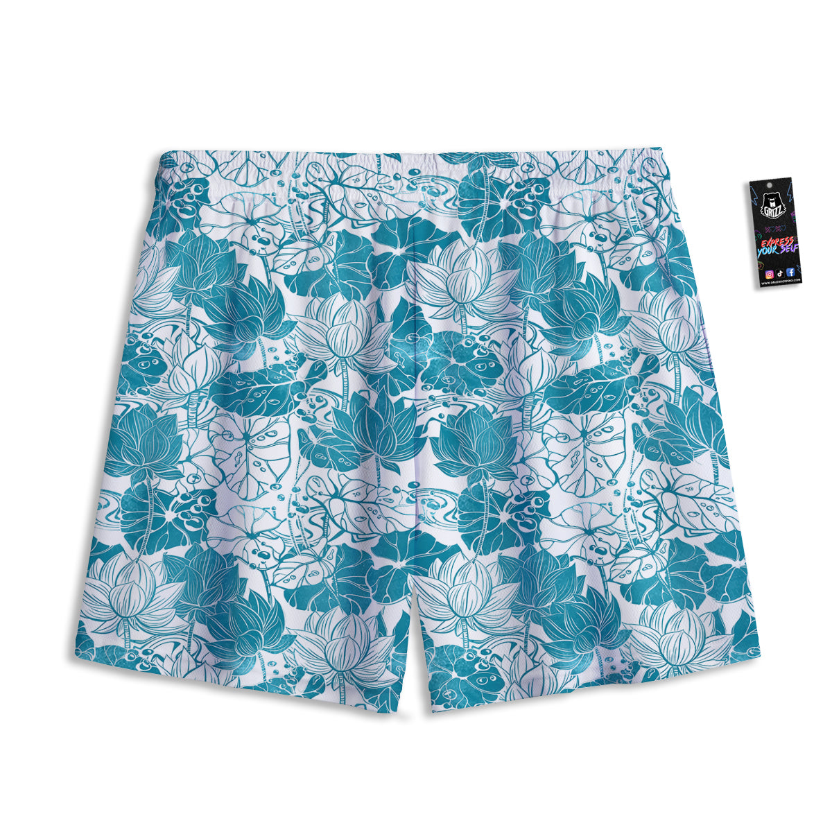 Lotus Blue And White Flower Print Pattern Mesh Shorts