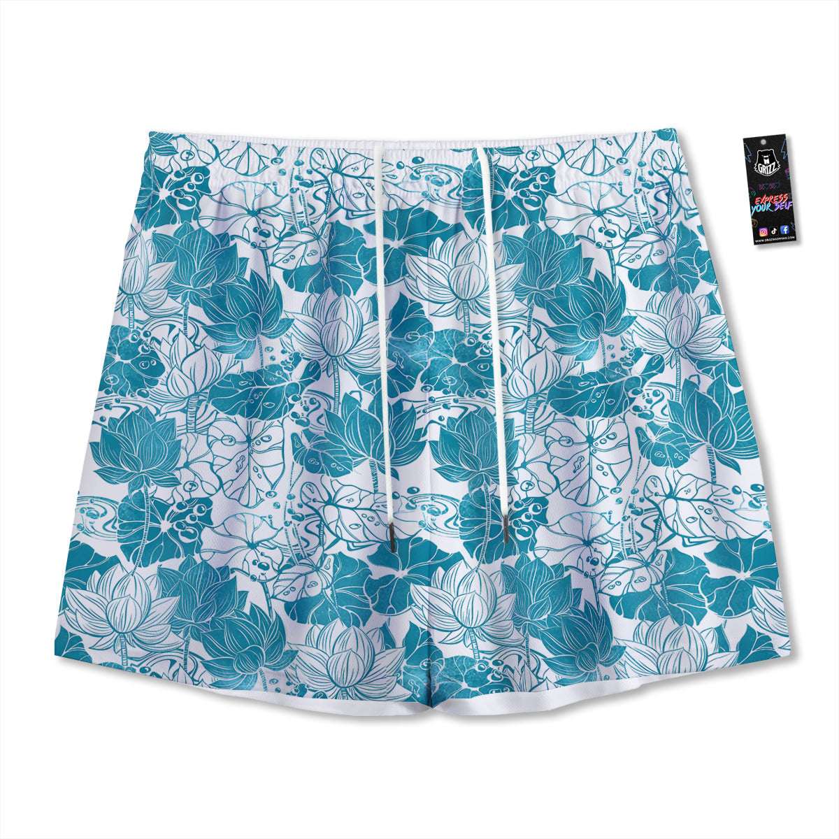 Lotus Blue And White Flower Print Pattern Mesh Shorts