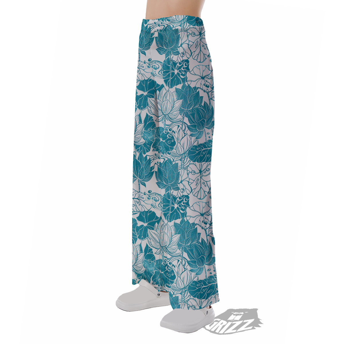 Lotus Blue And White Flower Print Pattern Pajama Pants-grizzshop