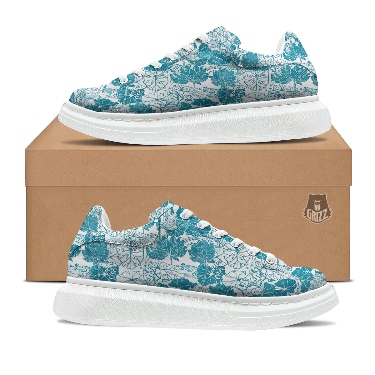 Lotus Blue And White Flower Print Pattern Platform Shoes-grizzshop