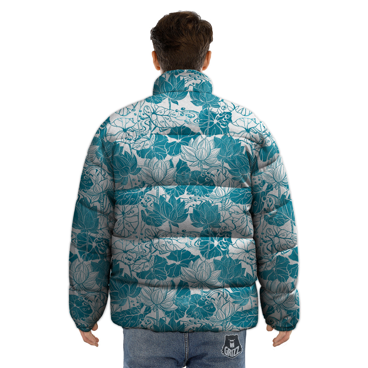 Lotus Blue And White Flower Print Pattern Puffer Jacket-grizzshop