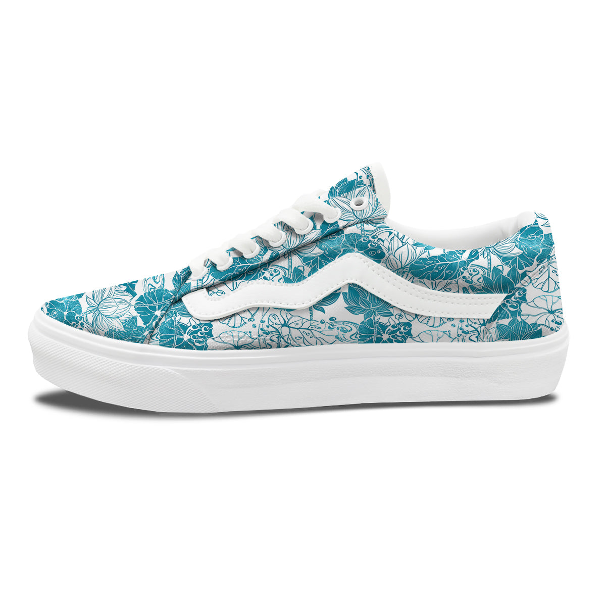 Lotus Blue And White Flower Print Pattern Skate Shoes-grizzshop