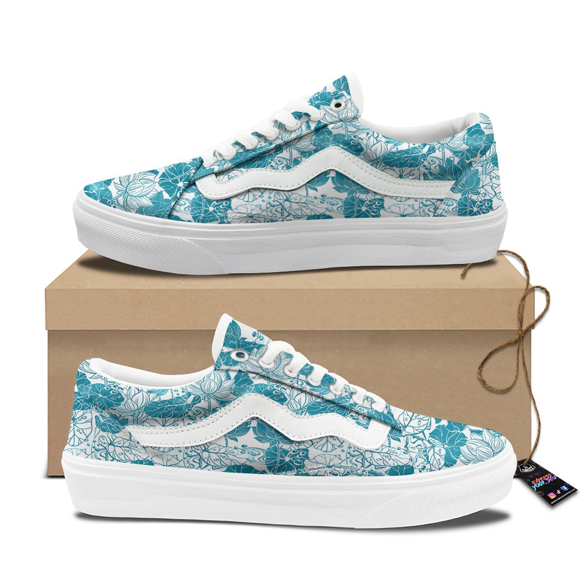 Lotus Blue And White Flower Print Pattern Skate Shoes-grizzshop
