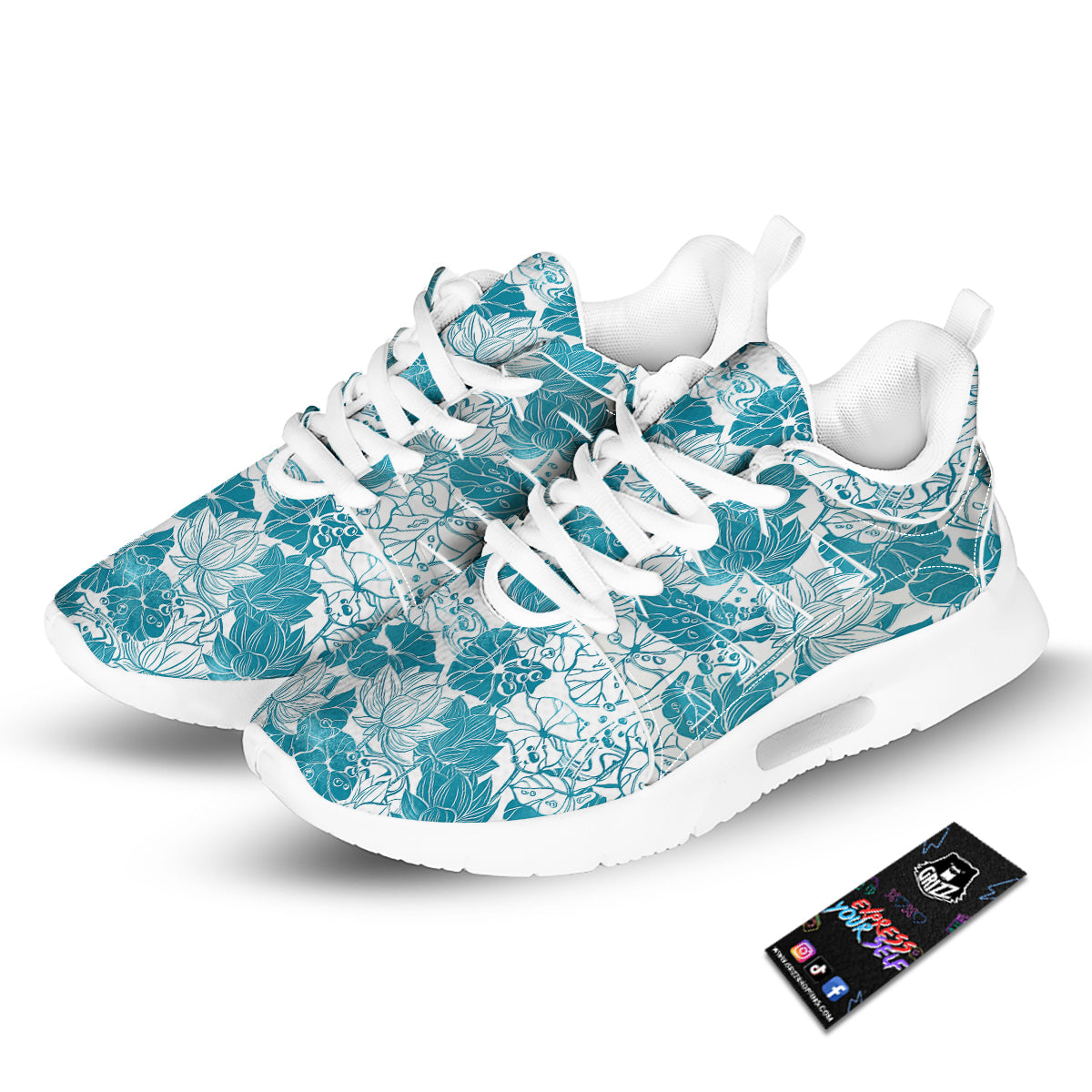 Lotus Blue And White Flower Print Pattern Tennis Shoes-grizzshop