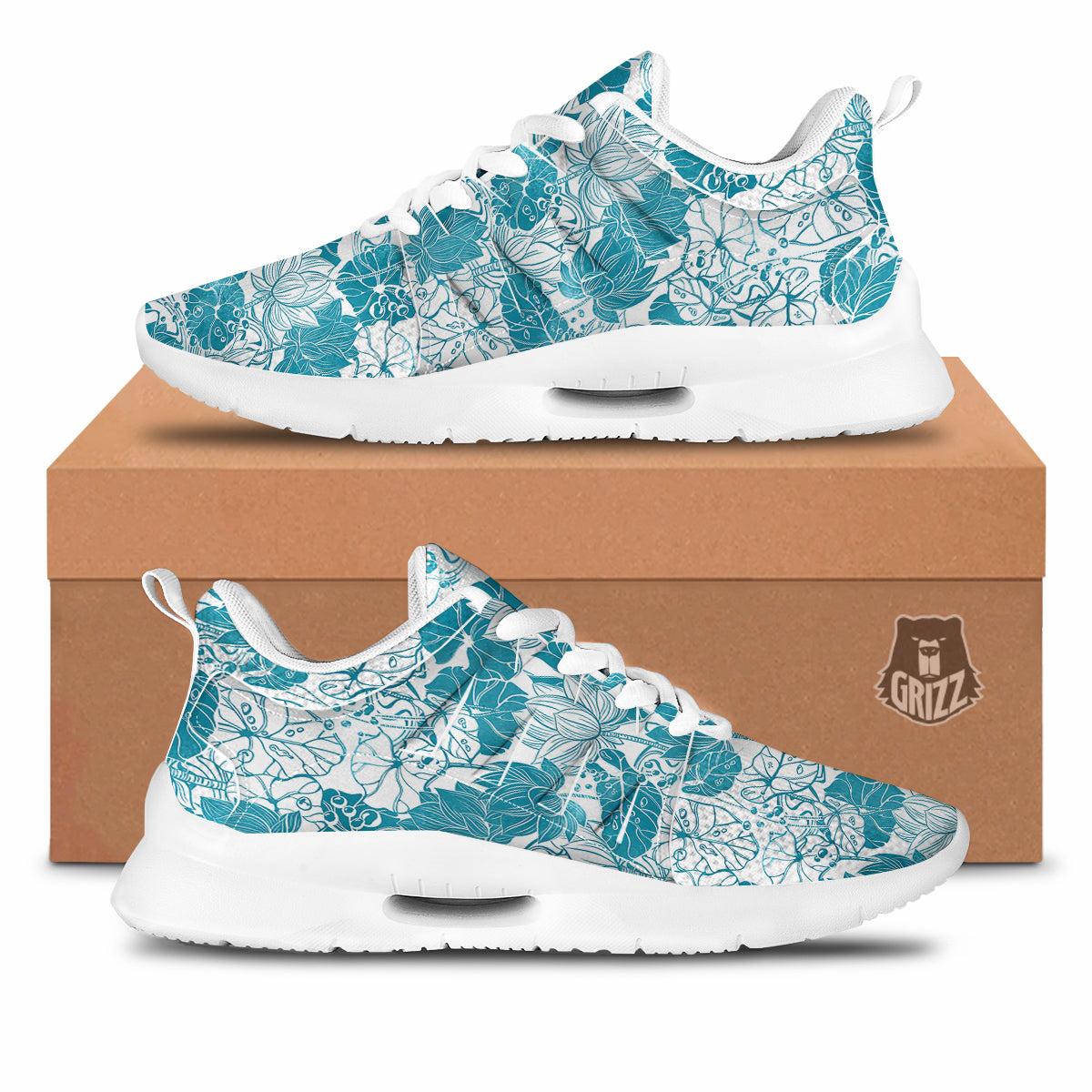 Lotus Blue And White Flower Print Pattern Tennis Shoes-grizzshop