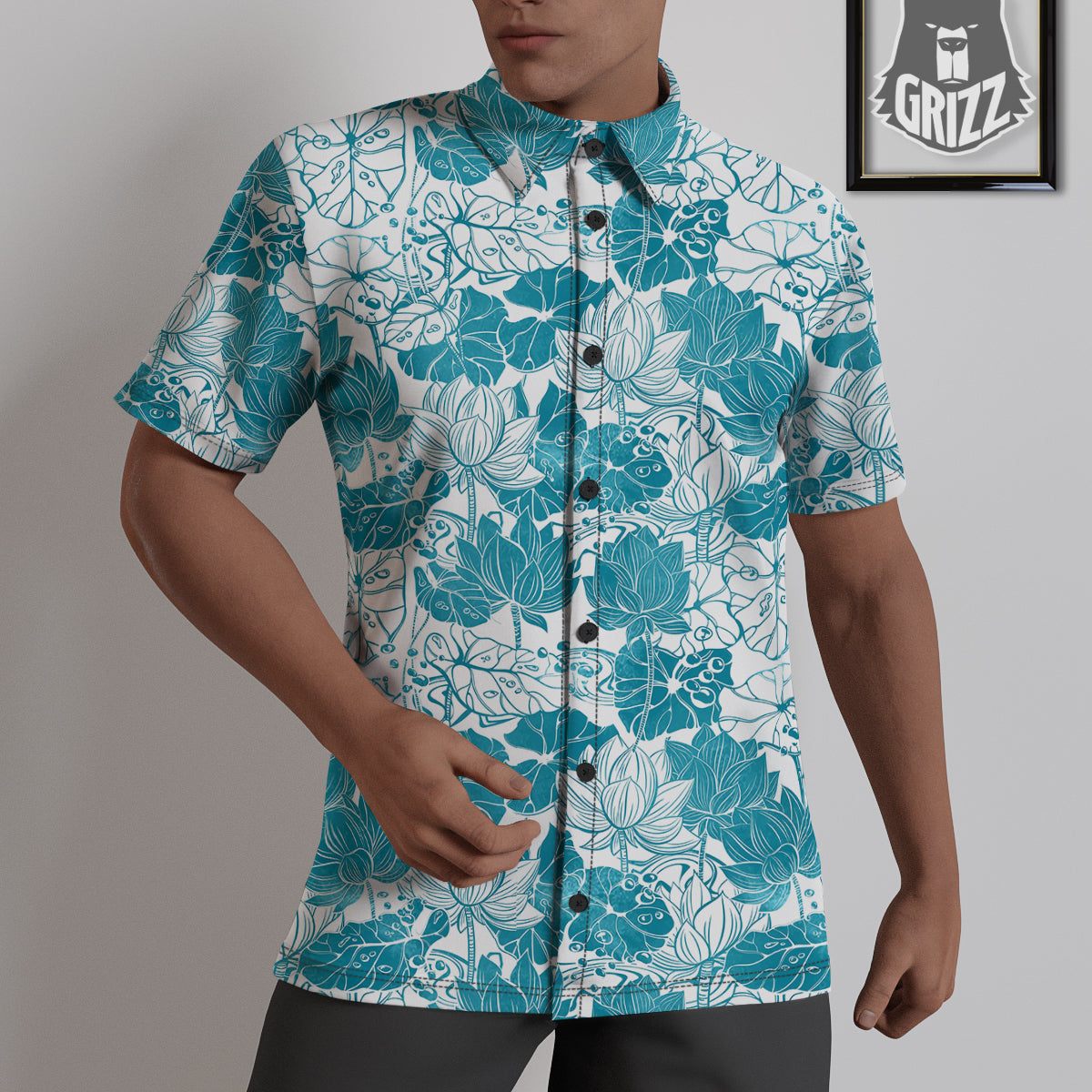 Lotus Blue And White Flower Print Pattern Untucked Shirts-grizzshop