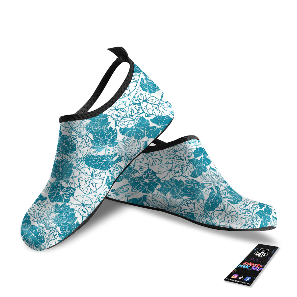 Lotus Blue And White Flower Print Pattern Water Shoes-grizzshop