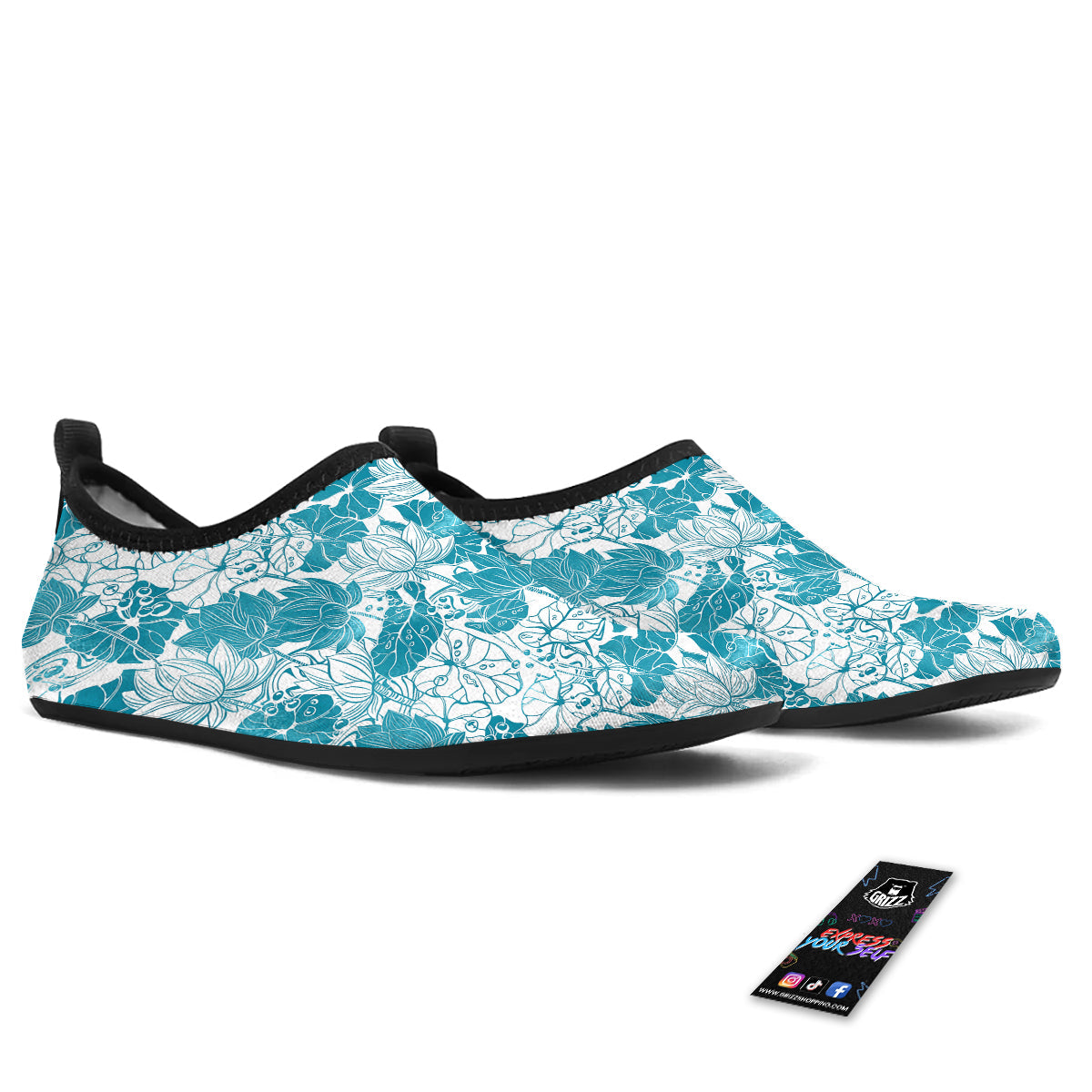Lotus Blue And White Flower Print Pattern Water Shoes-grizzshop
