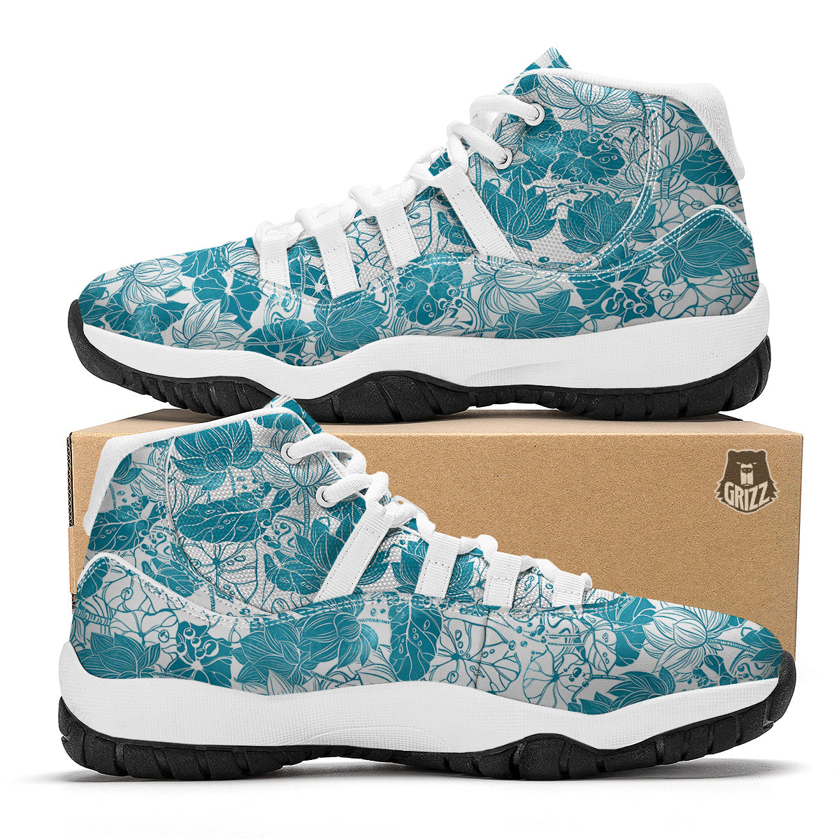 Lotus Blue And White Flower Print Pattern White Bball Shoes-grizzshop