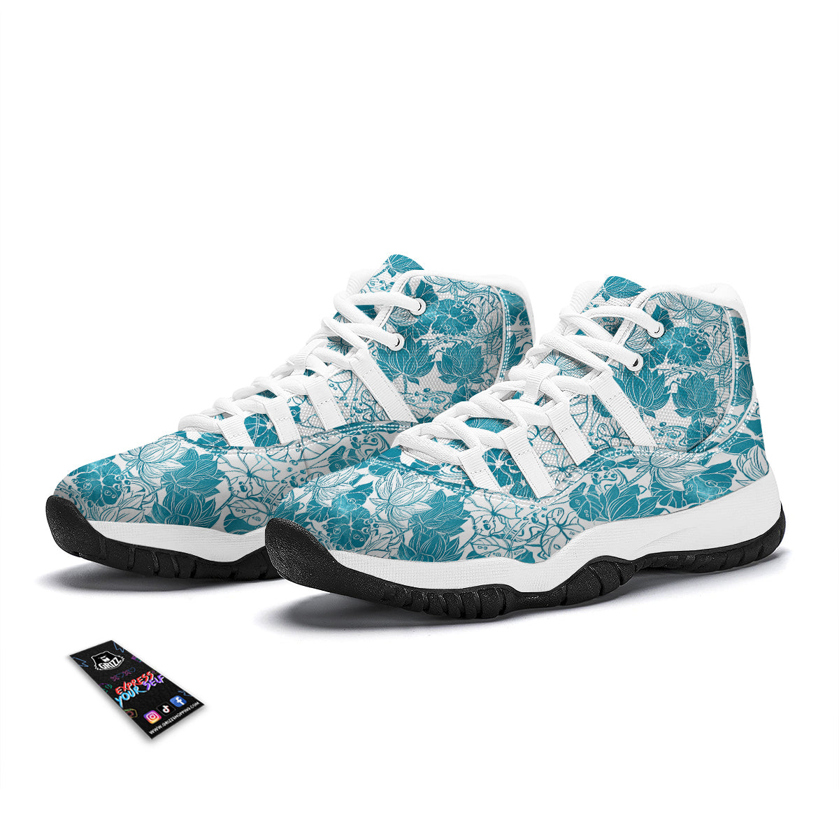 Lotus Blue And White Flower Print Pattern White Bball Shoes-grizzshop