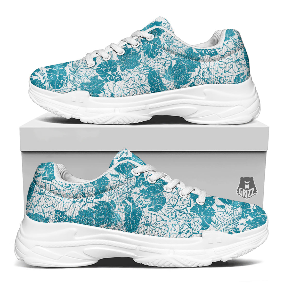 Lotus Blue And White Flower Print Pattern White Chunky Shoes-grizzshop