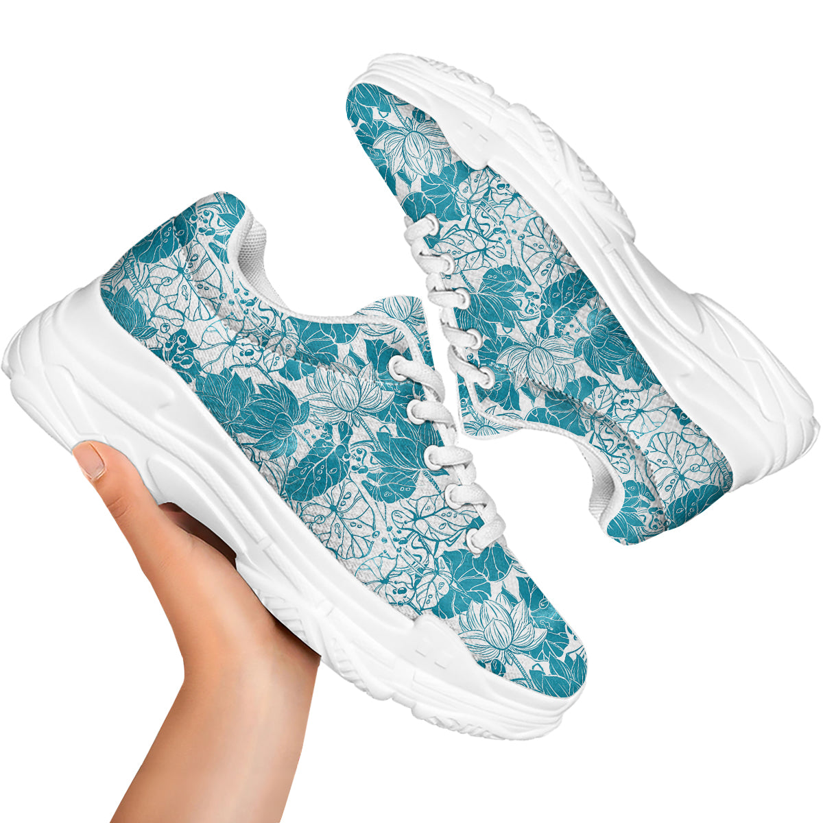 Lotus Blue And White Flower Print Pattern White Chunky Shoes-grizzshop