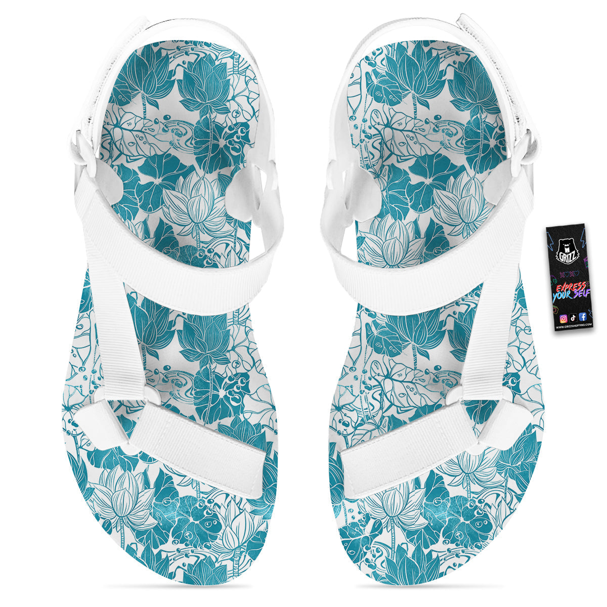 Lotus Blue And White Flower Print Pattern White Open Toe Sandals-grizzshop