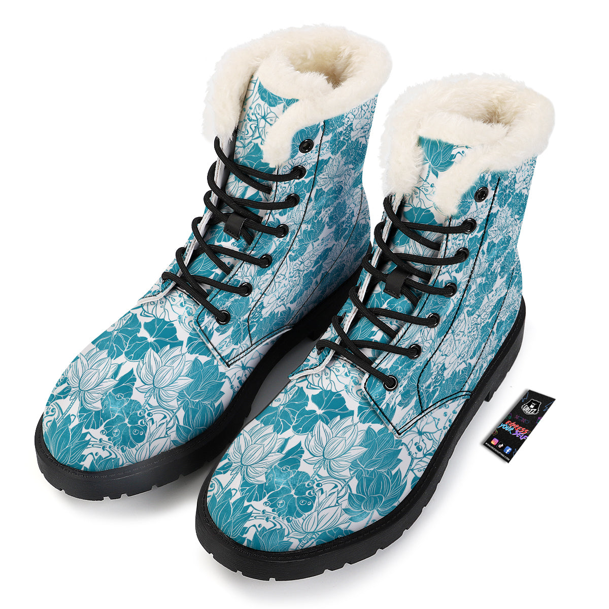 Lotus Blue And White Flower Print Pattern Winter Boots-grizzshop