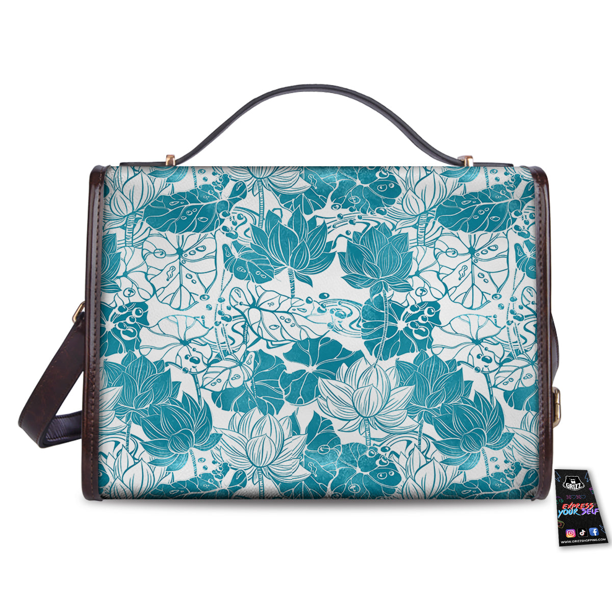 Lotus Blue And White Flower Print Pattern Women's Satchel Bag-grizzshop
