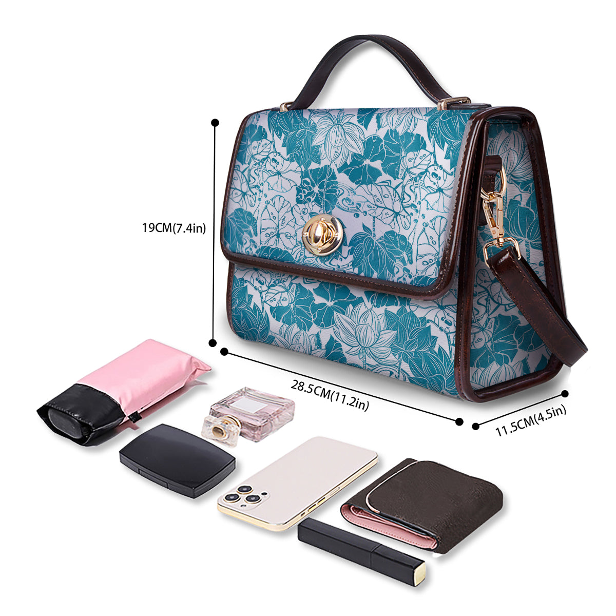 Lotus Blue And White Flower Print Pattern Women's Satchel Bag-grizzshop
