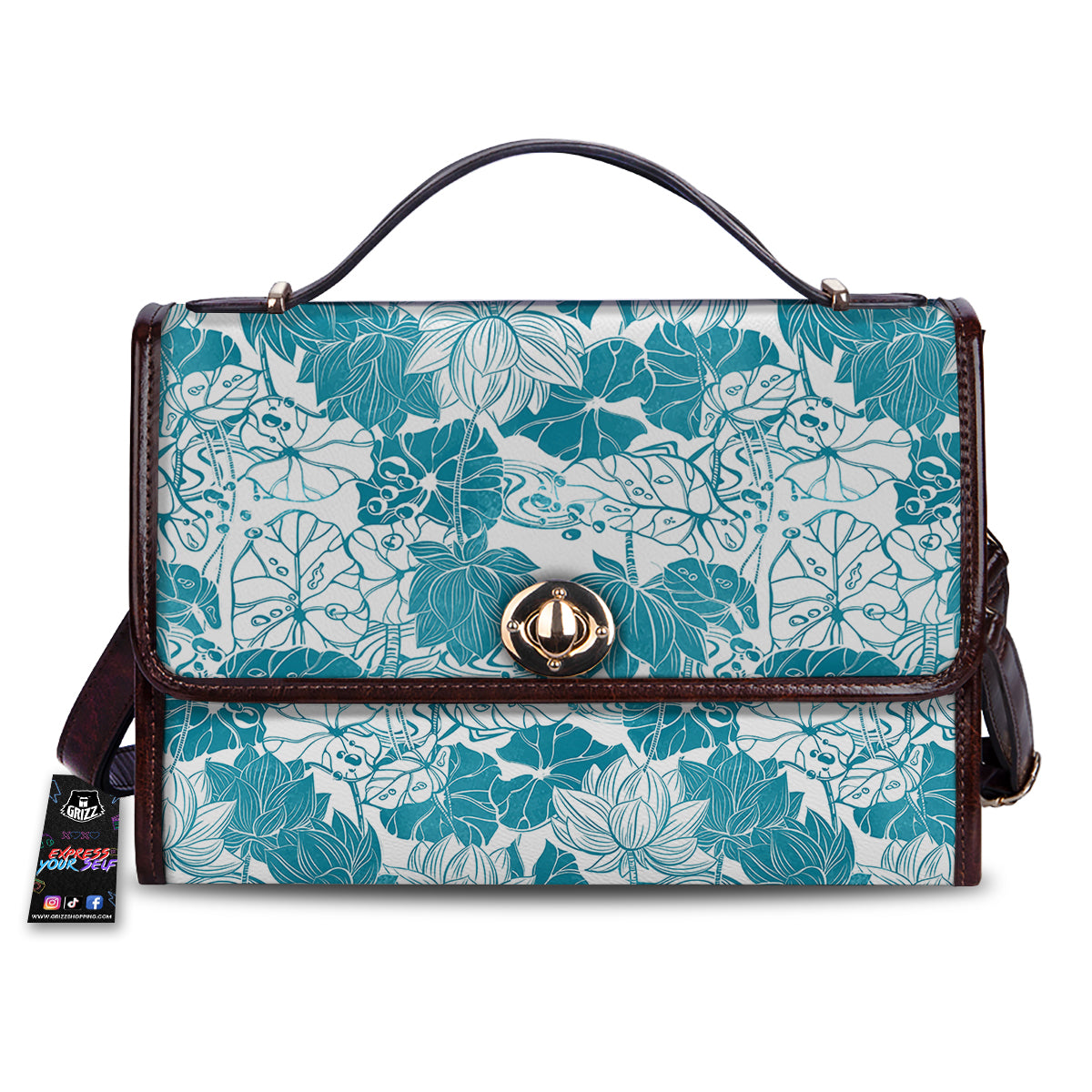 Lotus Blue And White Flower Print Pattern Women's Satchel Bag-grizzshop