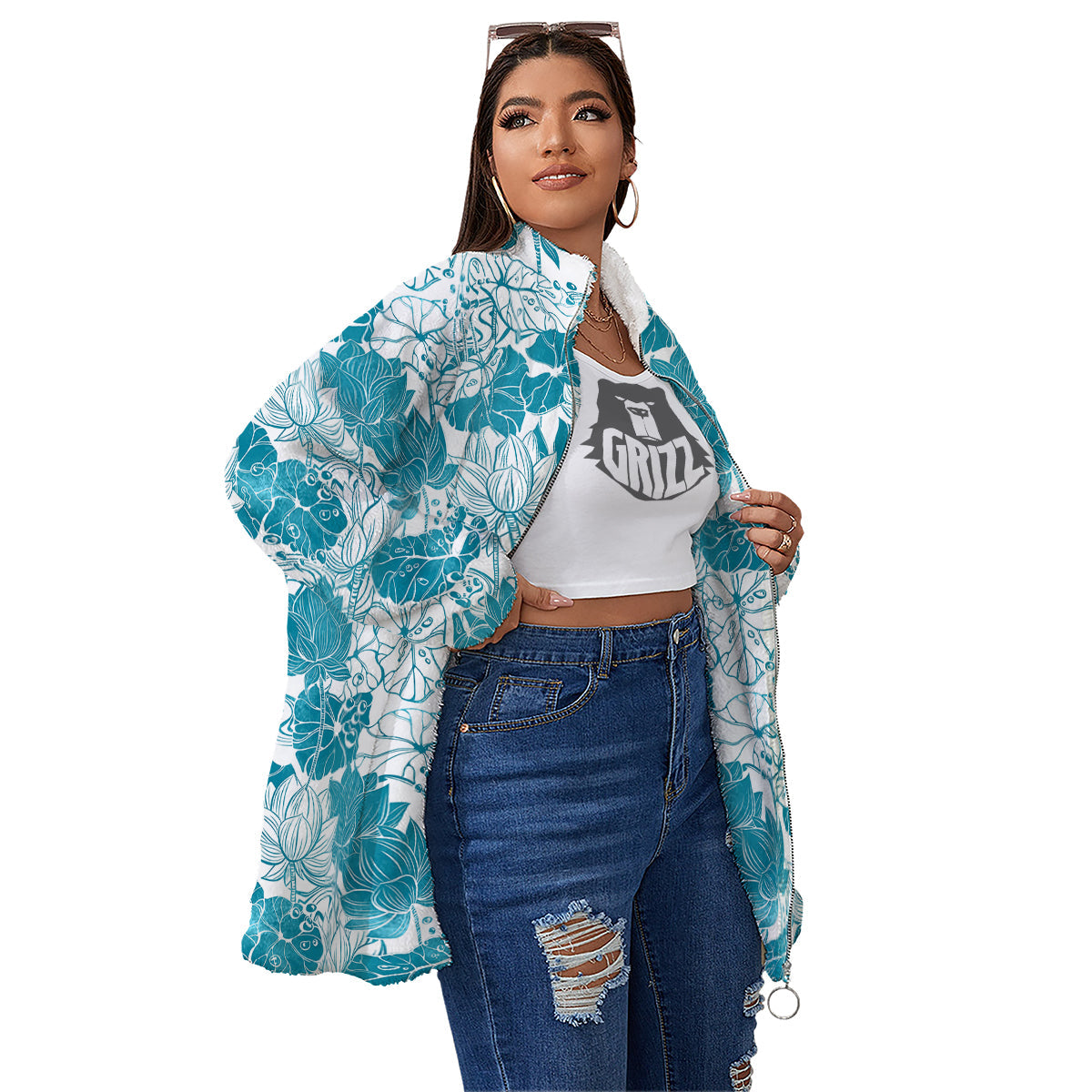 Lotus Blue And White Flower Print Pattern Women's Sherpa Jacket-grizzshop
