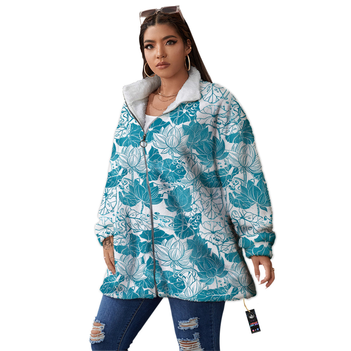 Lotus Blue And White Flower Print Pattern Women's Sherpa Jacket-grizzshop