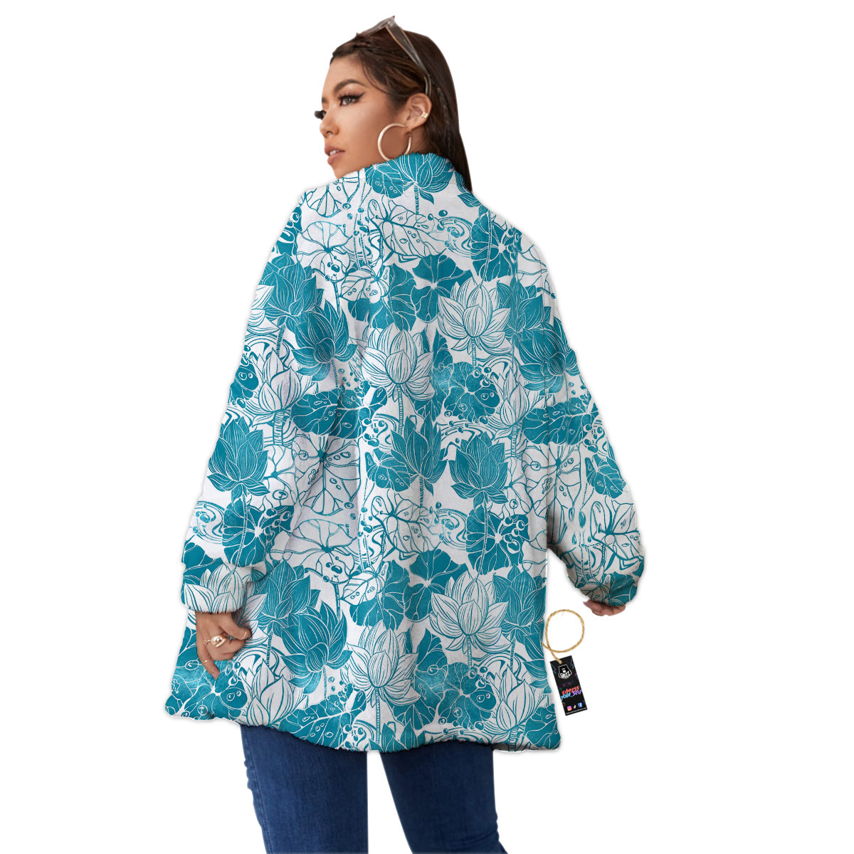 Lotus Blue And White Flower Print Pattern Women's Sherpa Jacket-grizzshop