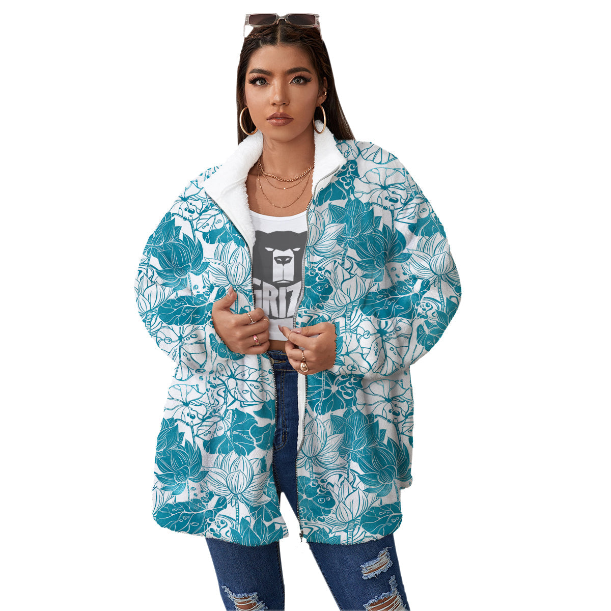 Lotus Blue And White Flower Print Pattern Women's Sherpa Jacket-grizzshop