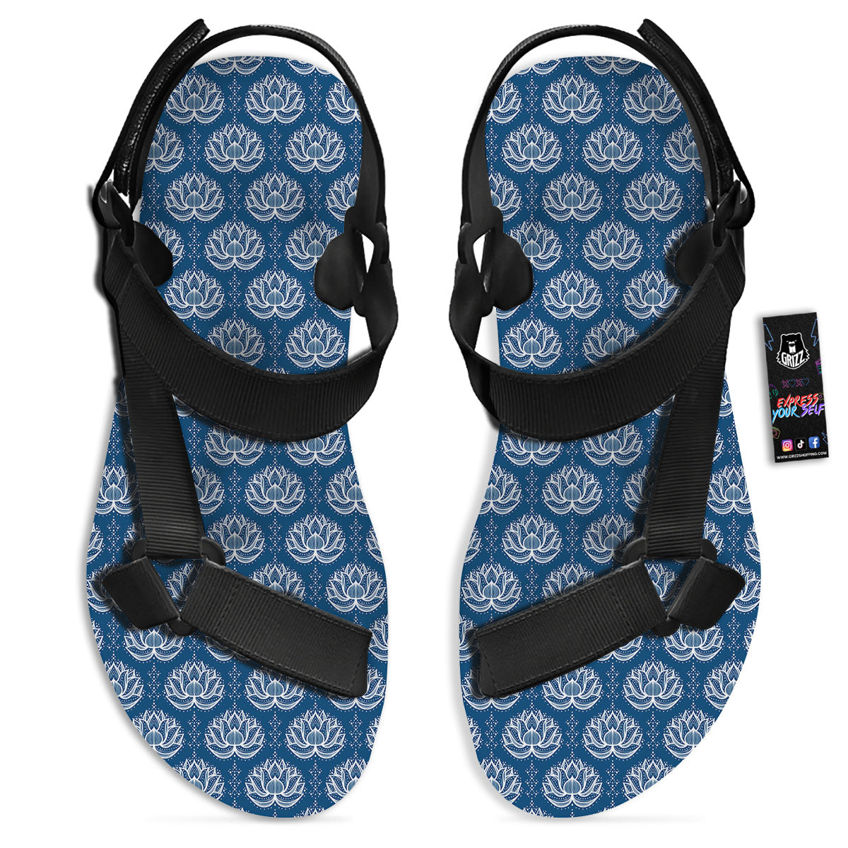 Lotus Boho Indian Print Pattern Black Open Toe Sandals-grizzshop