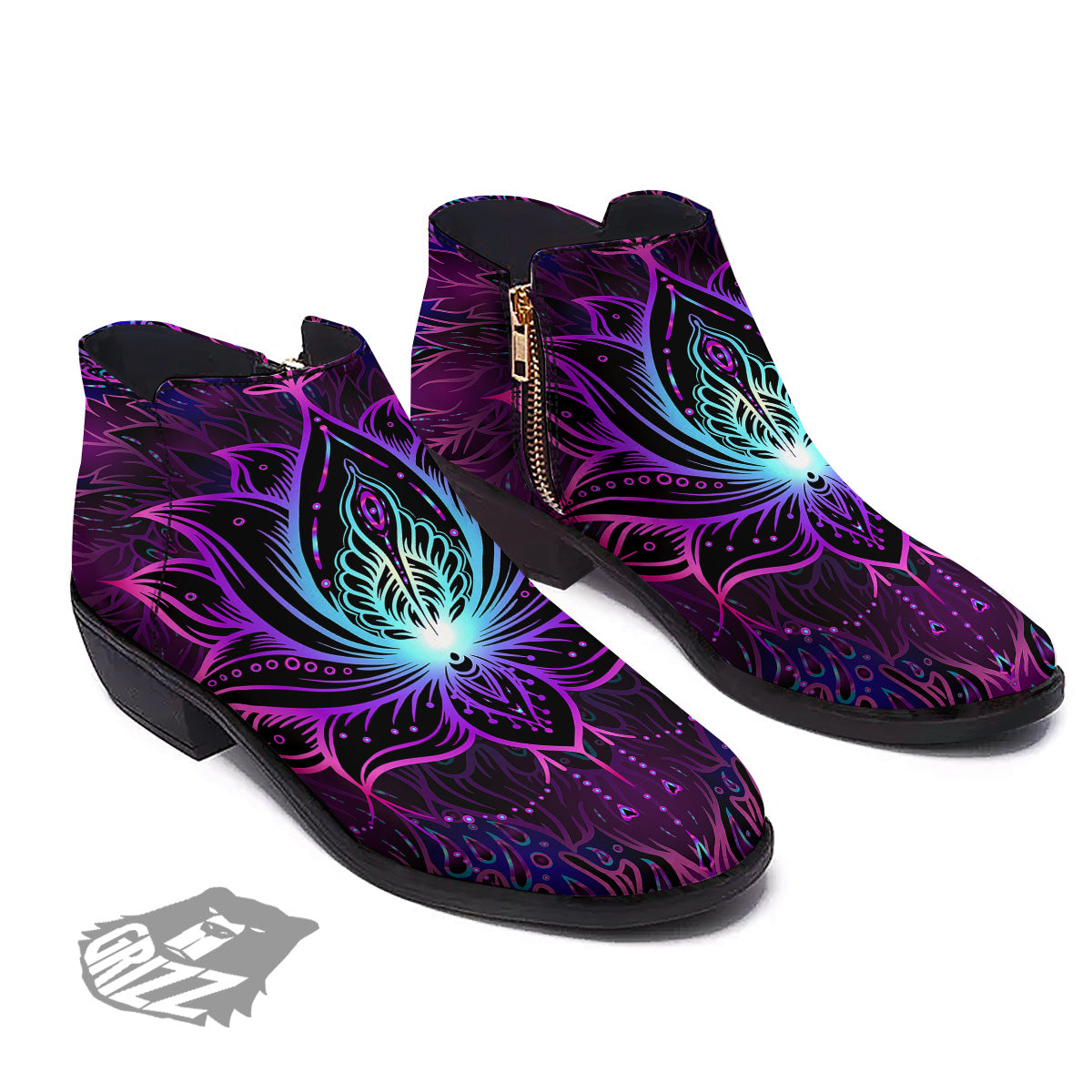 Lotus Boho Spiritual Print Ankle Boots-grizzshop