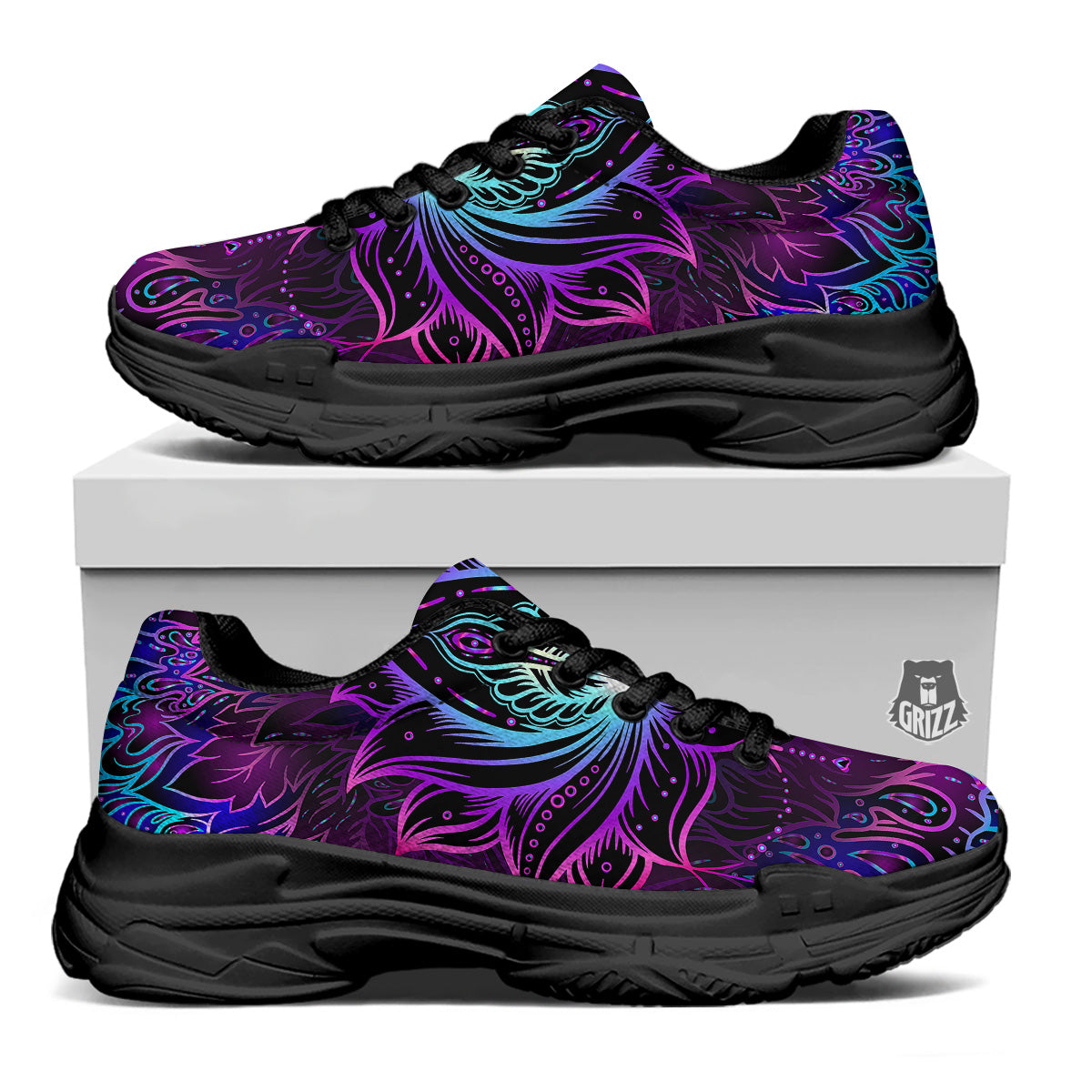 Lotus Boho Spiritual Print Black Chunky Shoes-grizzshop