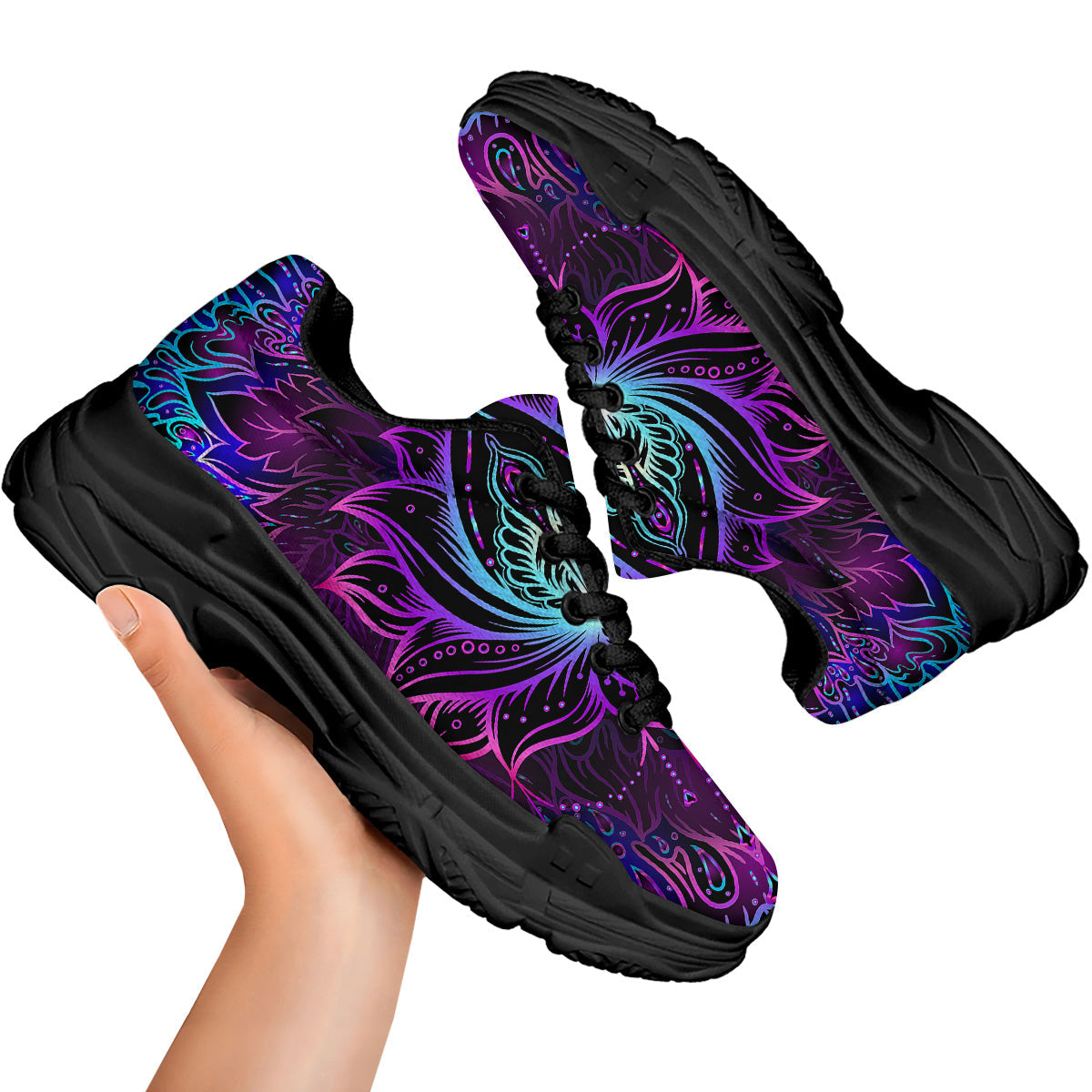Lotus Boho Spiritual Print Black Chunky Shoes-grizzshop