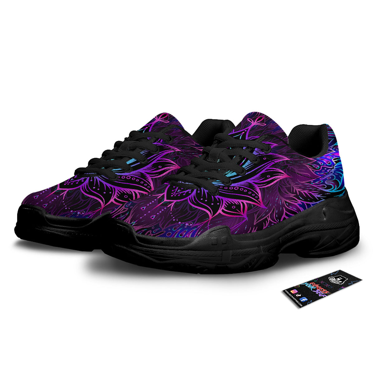 Lotus Boho Spiritual Print Black Chunky Shoes-grizzshop