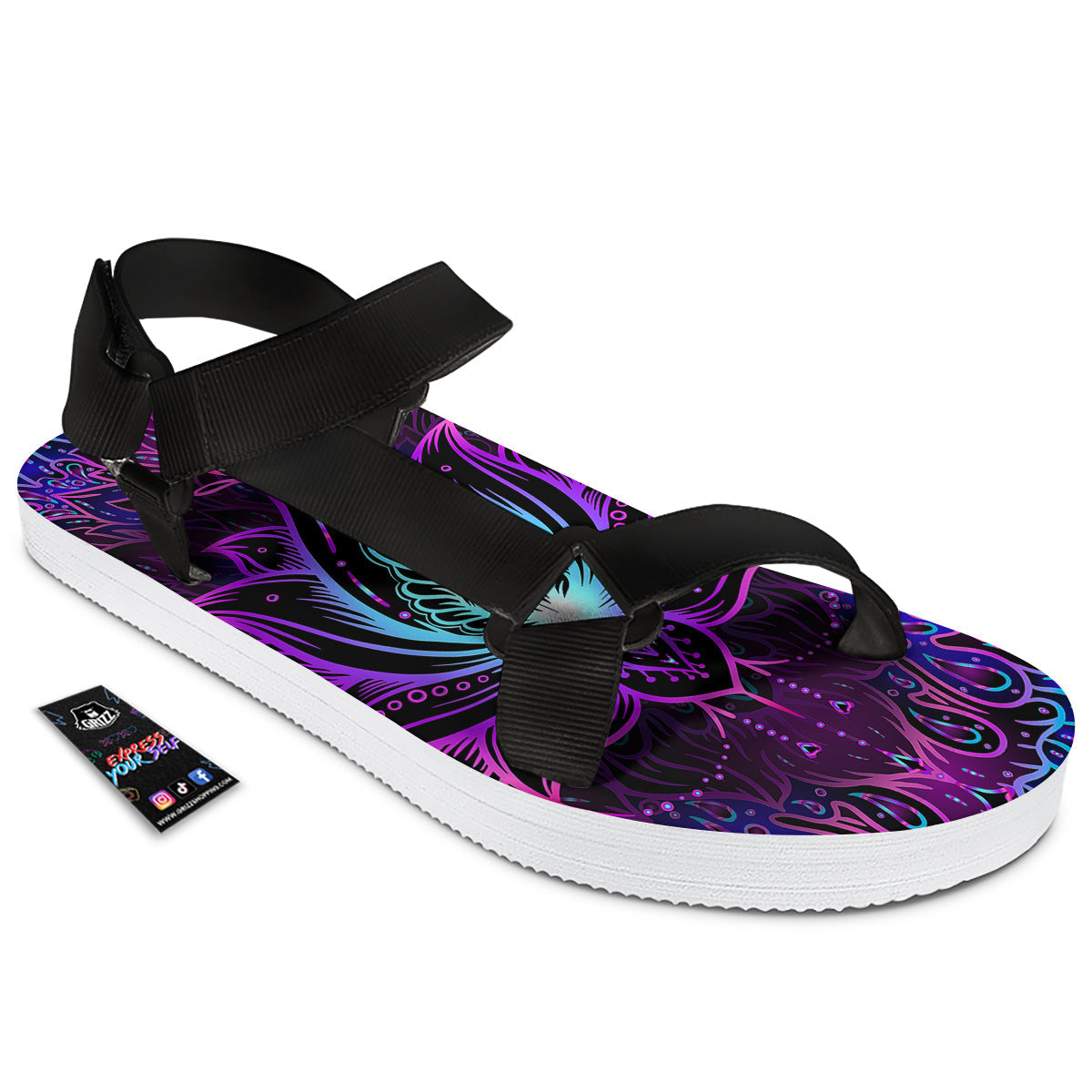 Lotus Boho Spiritual Print Black Open Toe Sandals-grizzshop