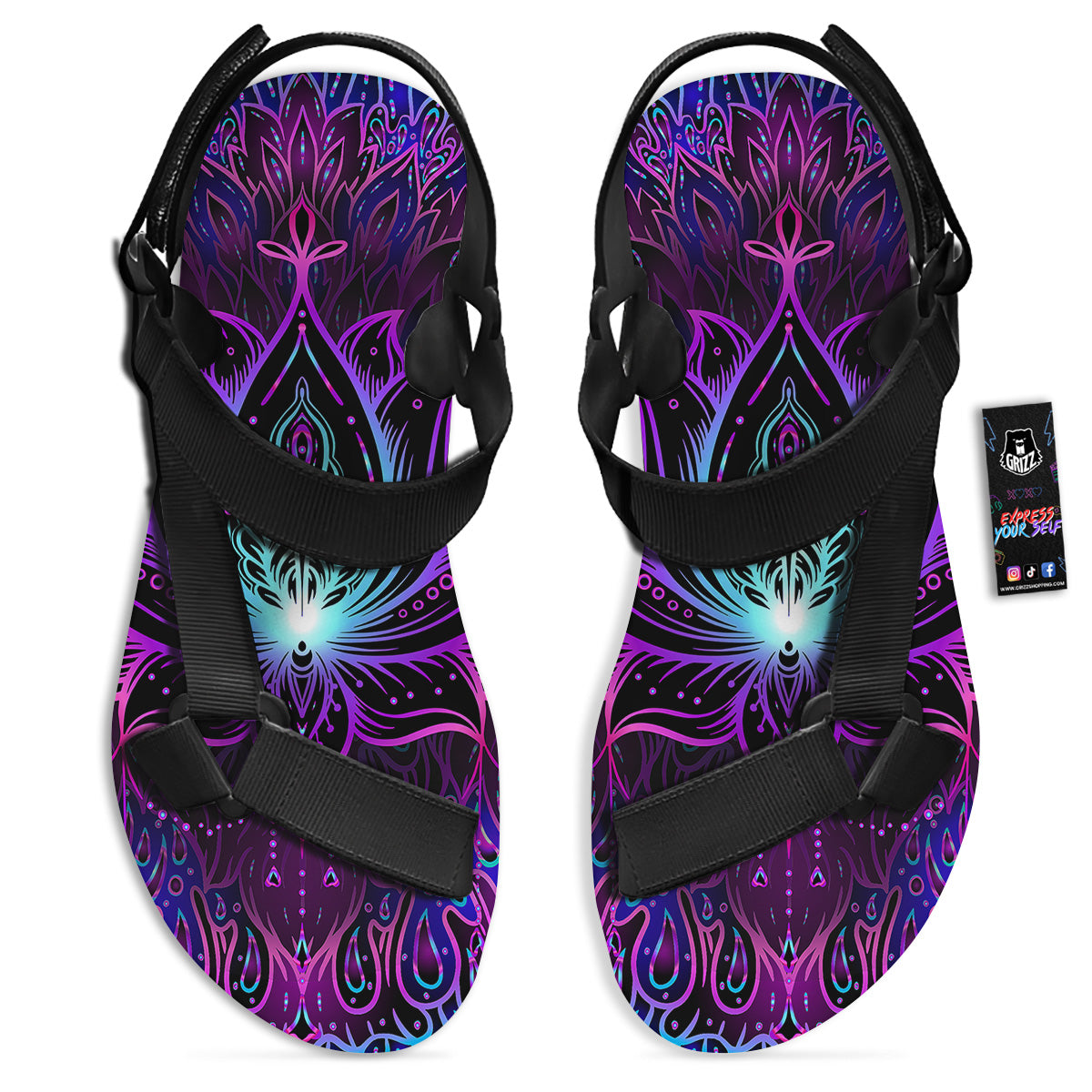 Lotus Boho Spiritual Print Black Open Toe Sandals-grizzshop