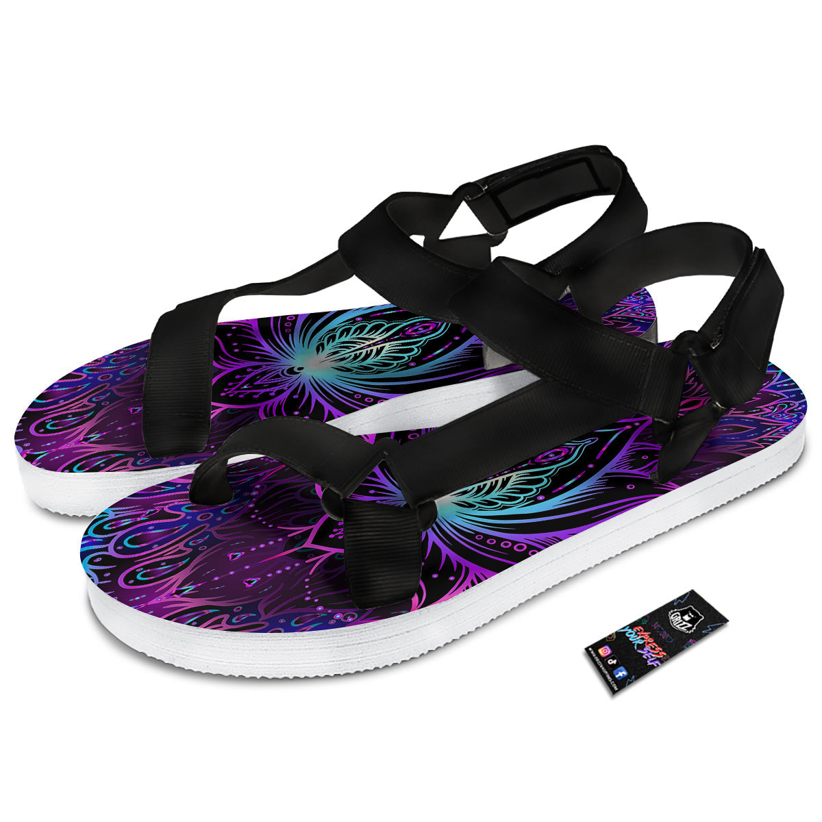 Lotus Boho Spiritual Print Black Open Toe Sandals-grizzshop