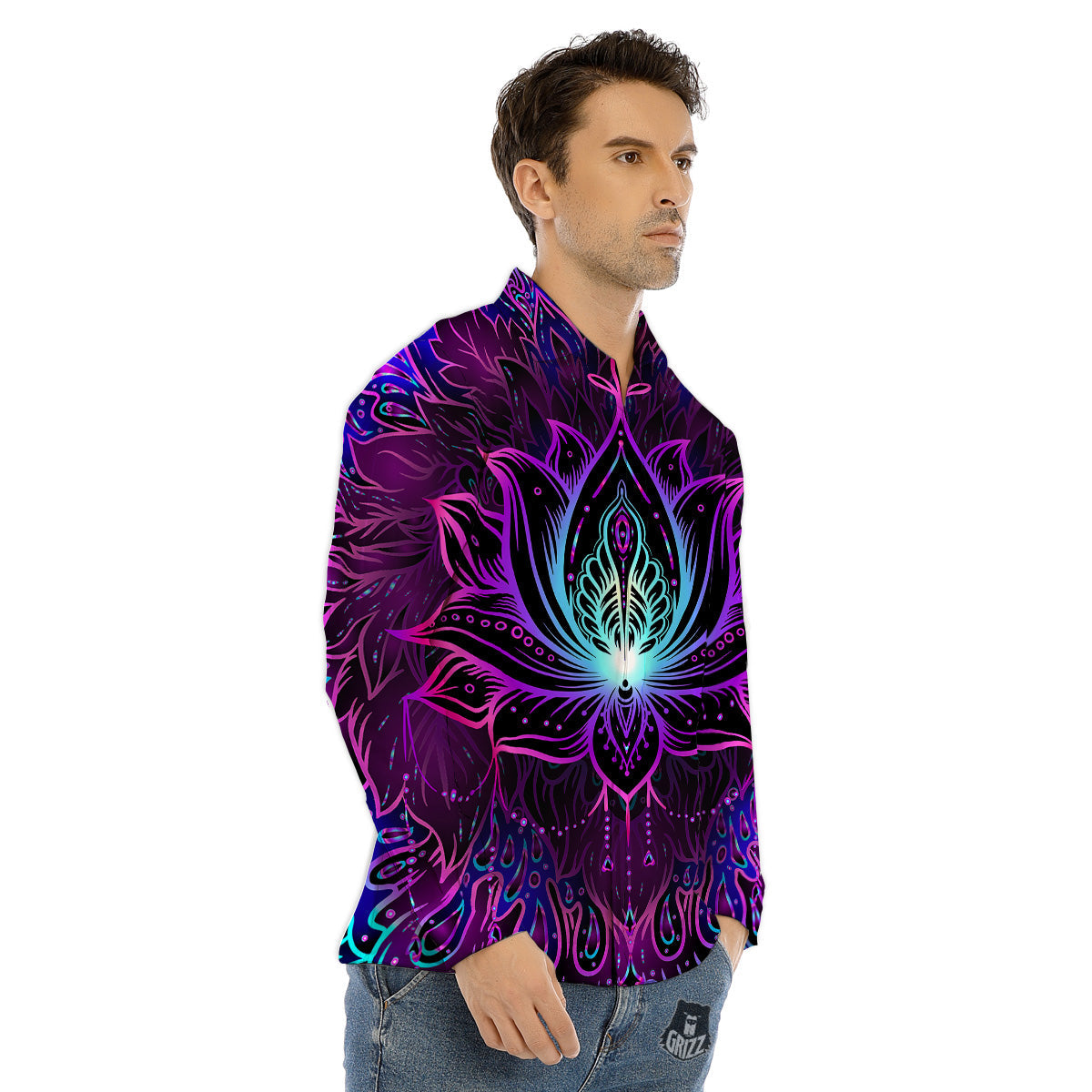 Lotus Boho Spiritual Print Men's Dress Shirts-grizzshop