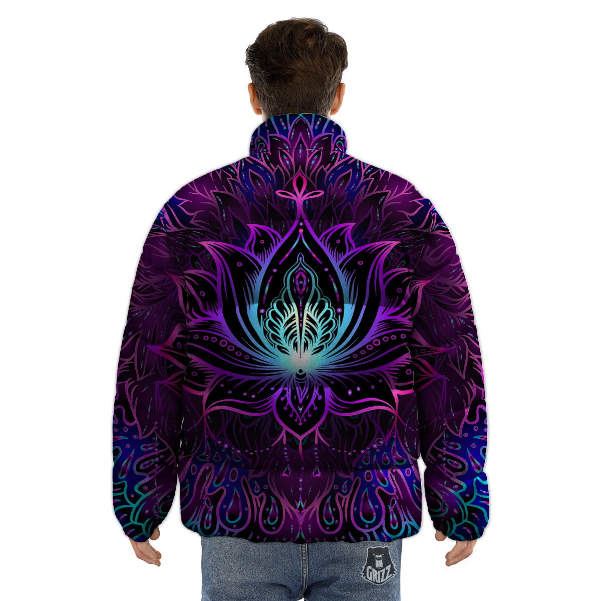 Lotus Boho Spiritual Print Puffer Jacket-grizzshop