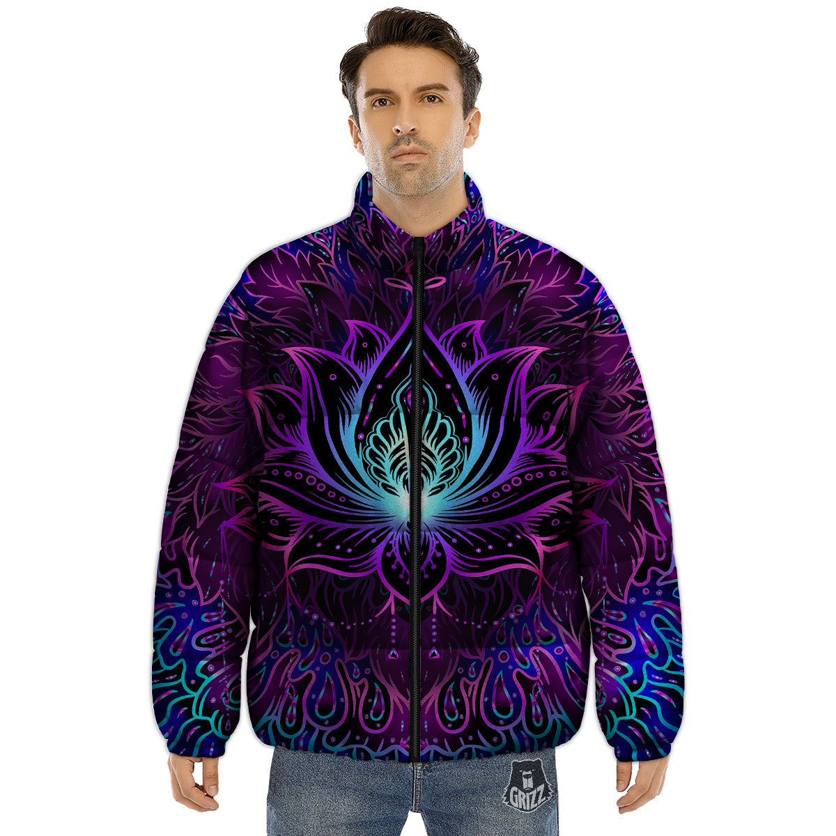 Lotus Boho Spiritual Print Puffer Jacket-grizzshop
