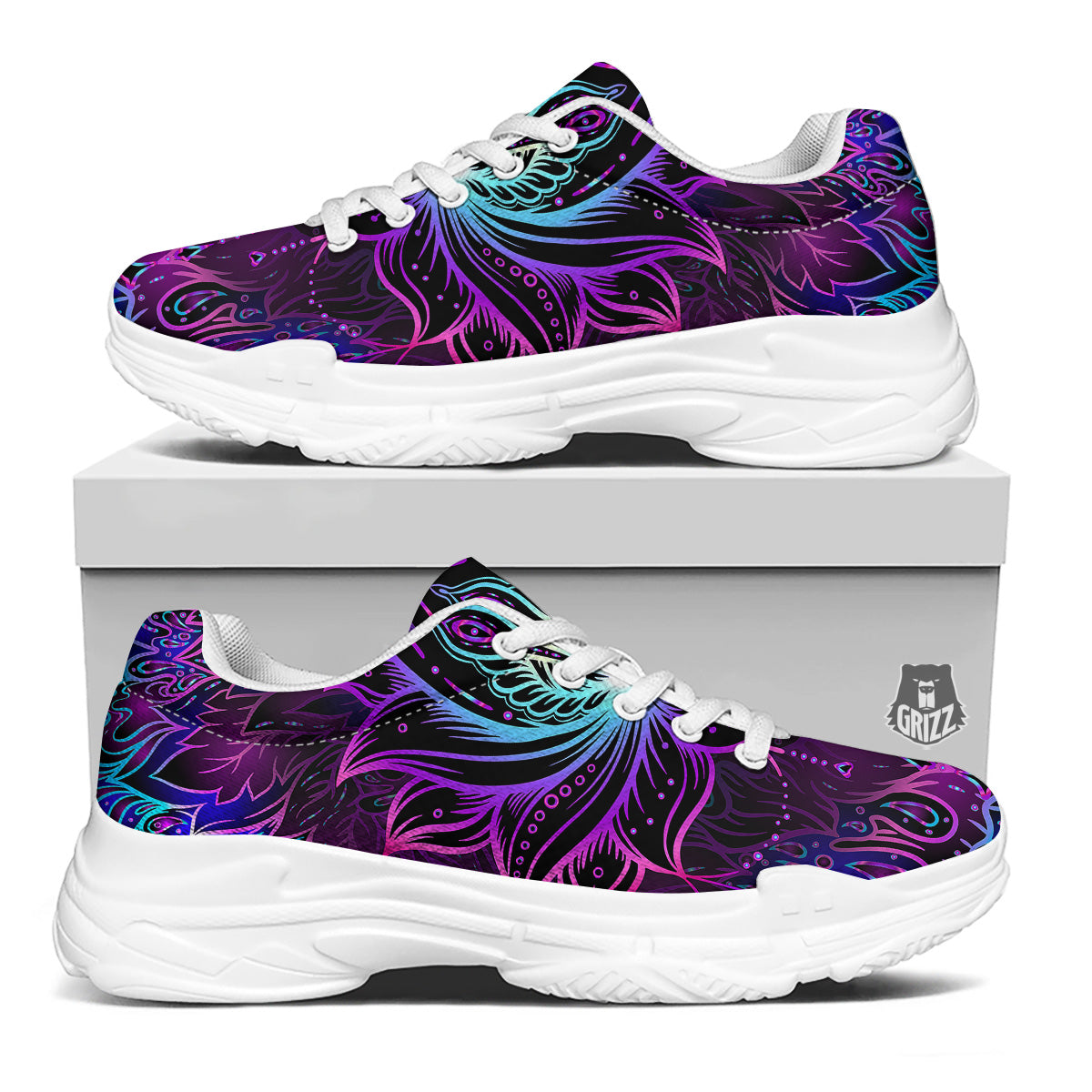 Lotus Boho Spiritual Print White Chunky Shoes-grizzshop