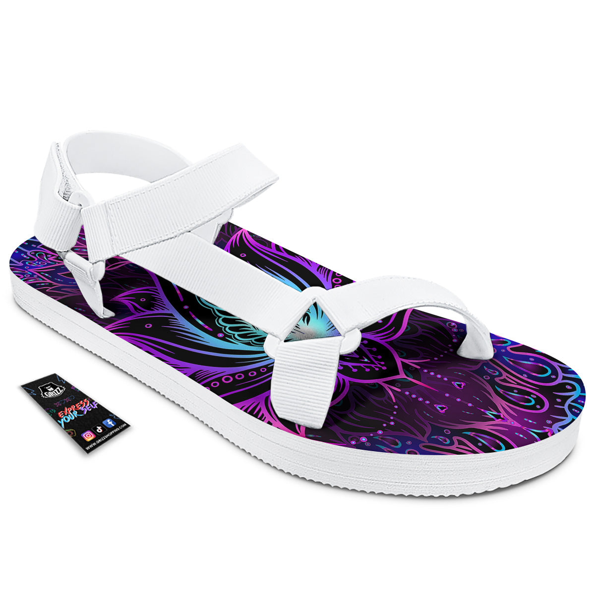 Lotus Boho Spiritual Print White Open Toe Sandals-grizzshop