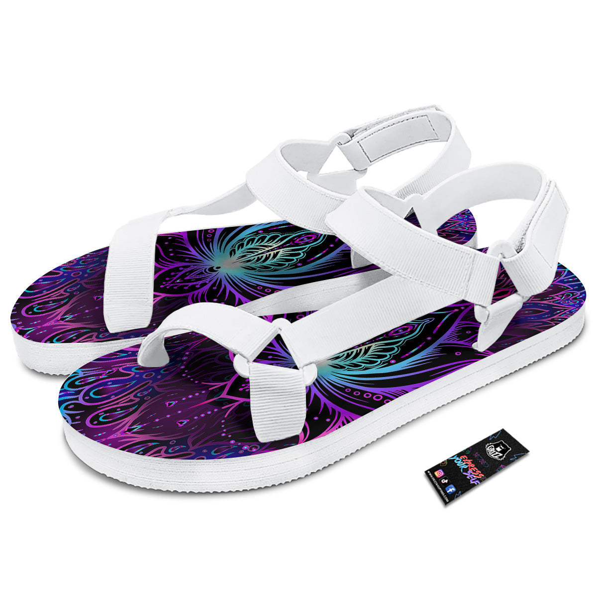 Lotus Boho Spiritual Print White Open Toe Sandals-grizzshop