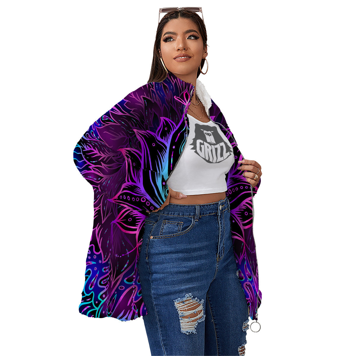 Lotus Boho Spiritual Print Women's Sherpa Jacket-grizzshop